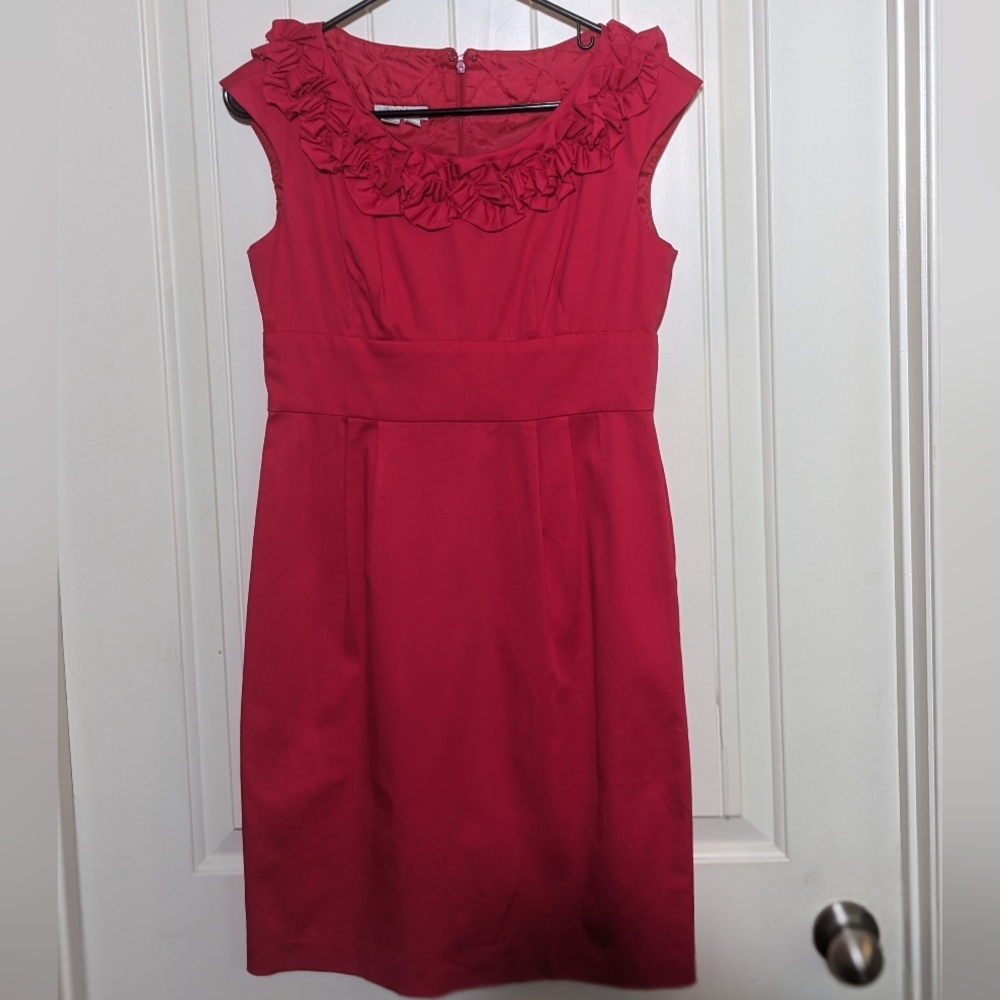 Sleeveless Hot Pink Sheath Dress w/ Ruffled Round Neck & empire waist; 6 Petite - Picture 5 of 5